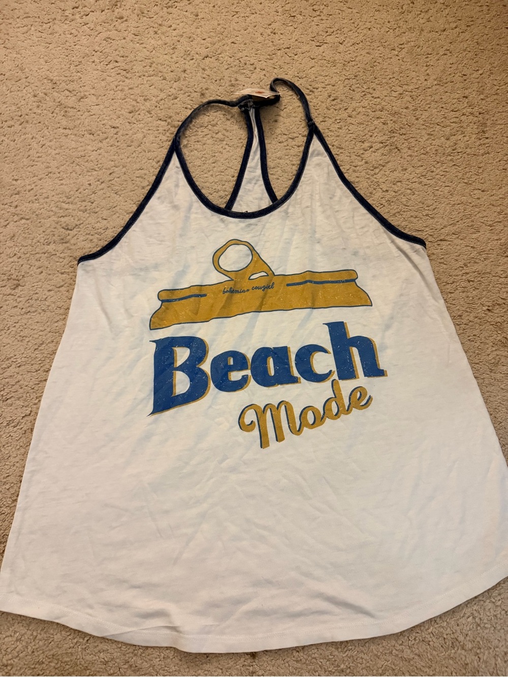 White Tank Top with Navy Trim and 'Beach Mode' Graphic